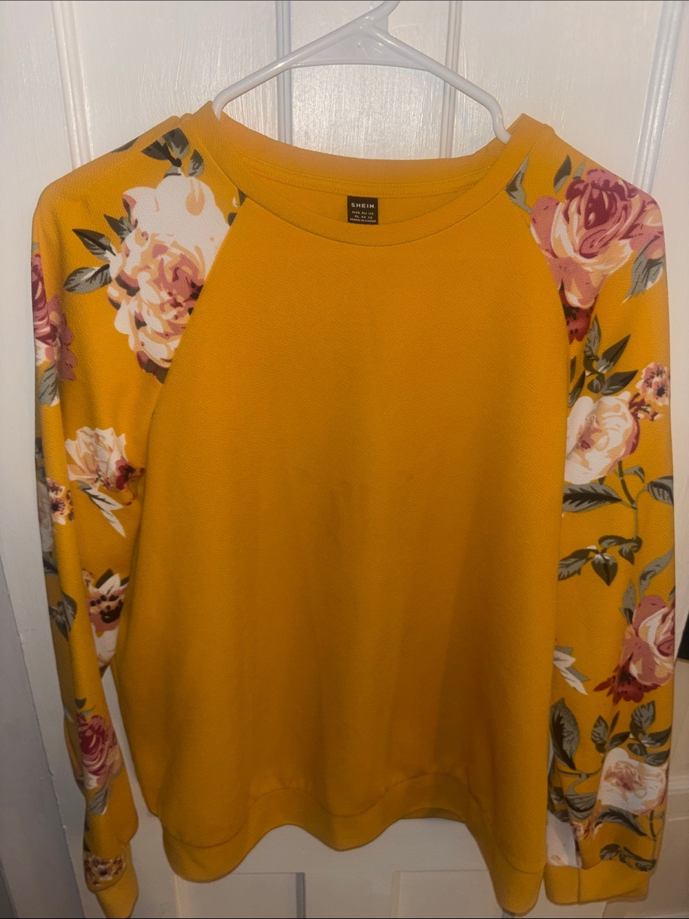 SHEIN Mustard Crewneck Sweater with Floral Raglan Sleeves